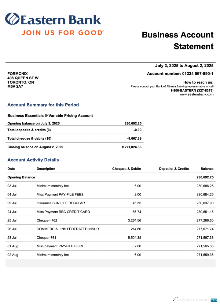 Download USA Eastern company checking account statement Word and PDF template Photoshop template